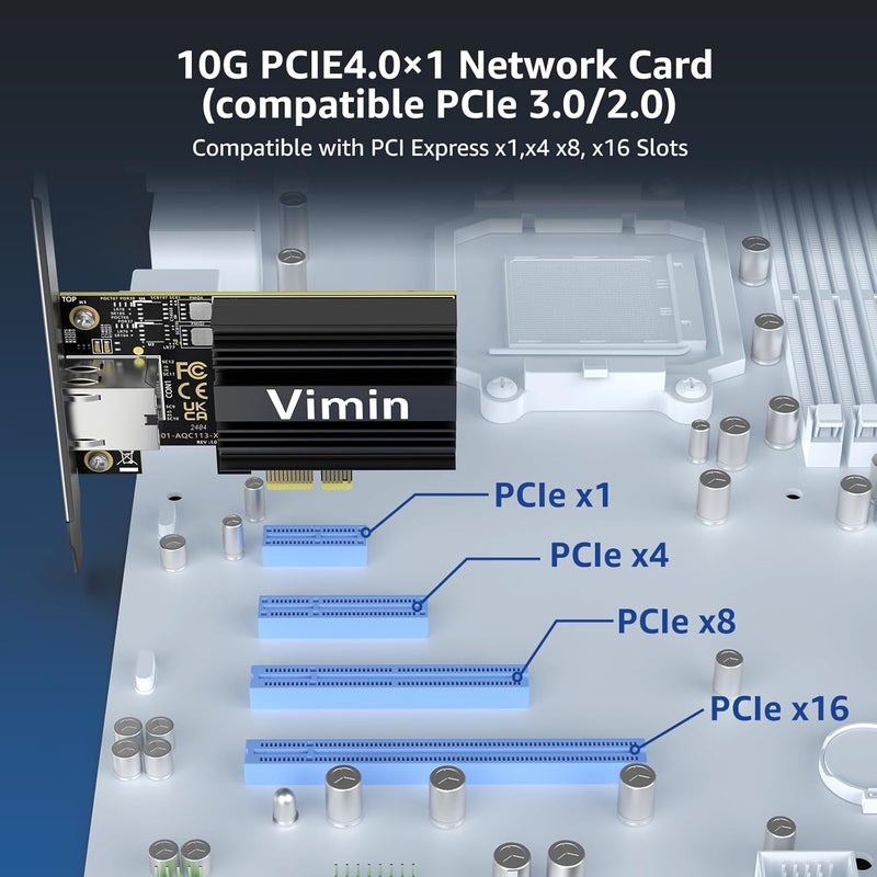 Vmin 10G PCIE4.0×1 Network Card, Marvel AQC113 Controller, 10Gb Base-T Ethernet Adapter Card Compatible with PCI Express X1,X4,X8,X16, 10G NIC RJ45 Port Support Windows/Windows Server/Linux/VMware - Image 4